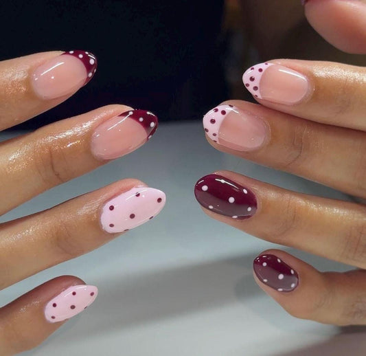 Handmade Press On Nails: Reusable, Gel, Almond Round Short, Handpainted, Polka Dots