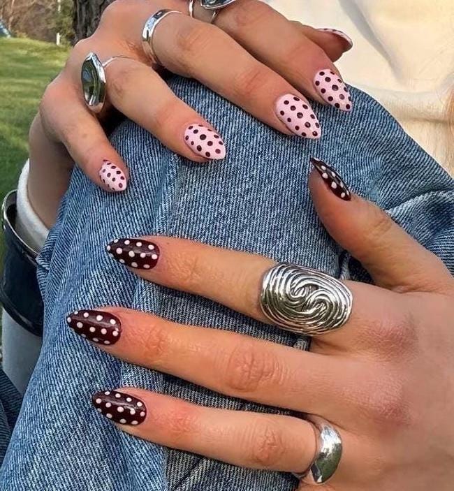 Handmade Press On Nails: Reusable, Gel, Almond Round Short, Handpainted, Polka Dots