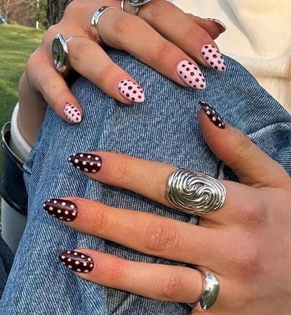 Handmade Press On Nails: Reusable, Gel, Almond Round Short, Handpainted, Polka Dots