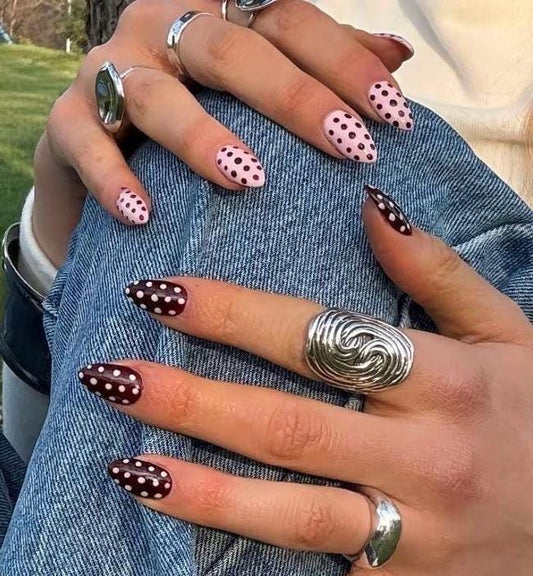 Handmade Press On Nails: Reusable, Gel, Almond Round Short, Handpainted, Polka Dots