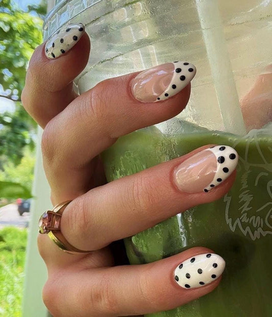 Handmade Press On Nails: Reusable, Gel, Almond Round Short, Handpainted, Polka Dots
