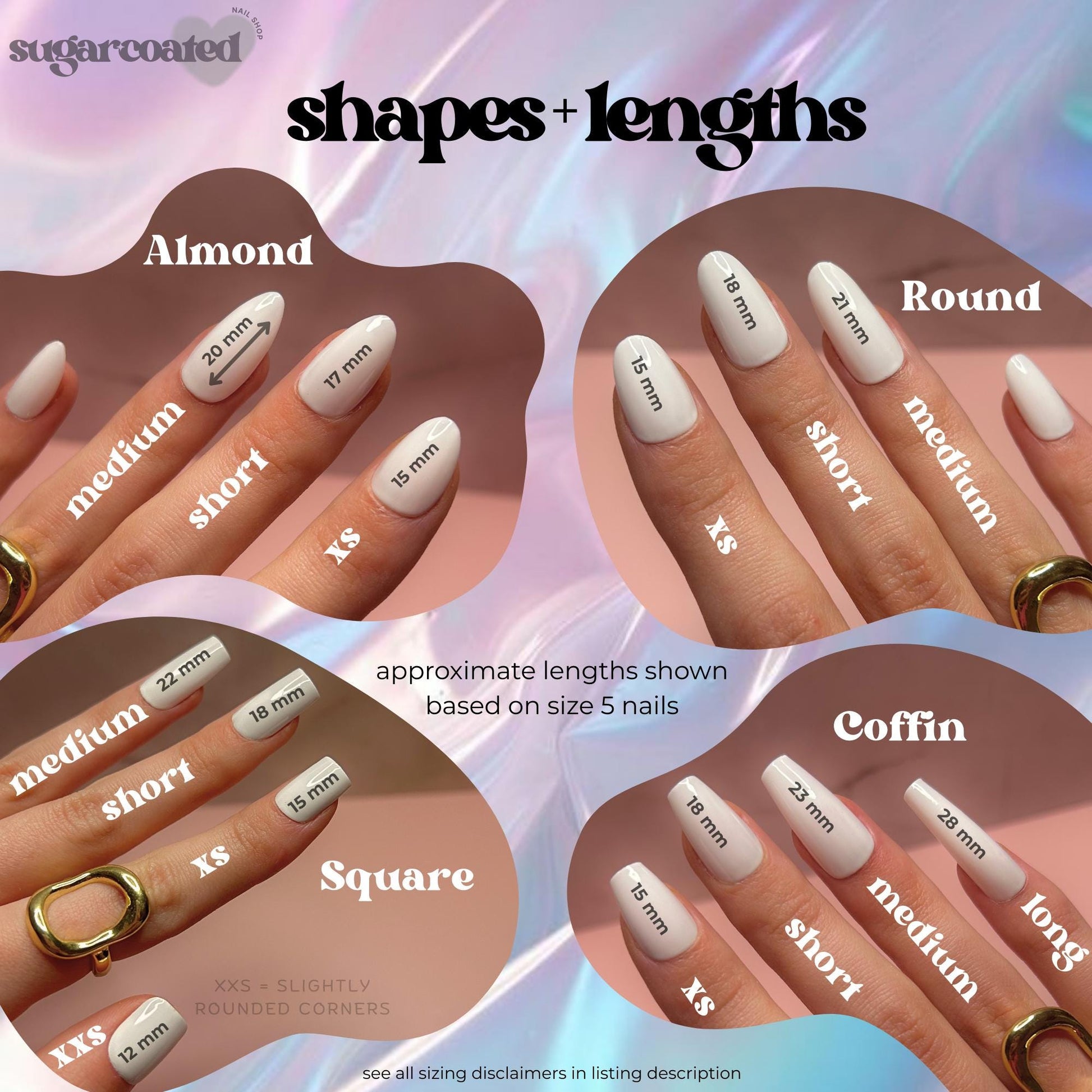 The image is a collage of four images showing different nail shapes and their corresponding nail lengths, along with labels indicating the nail shape and its length.