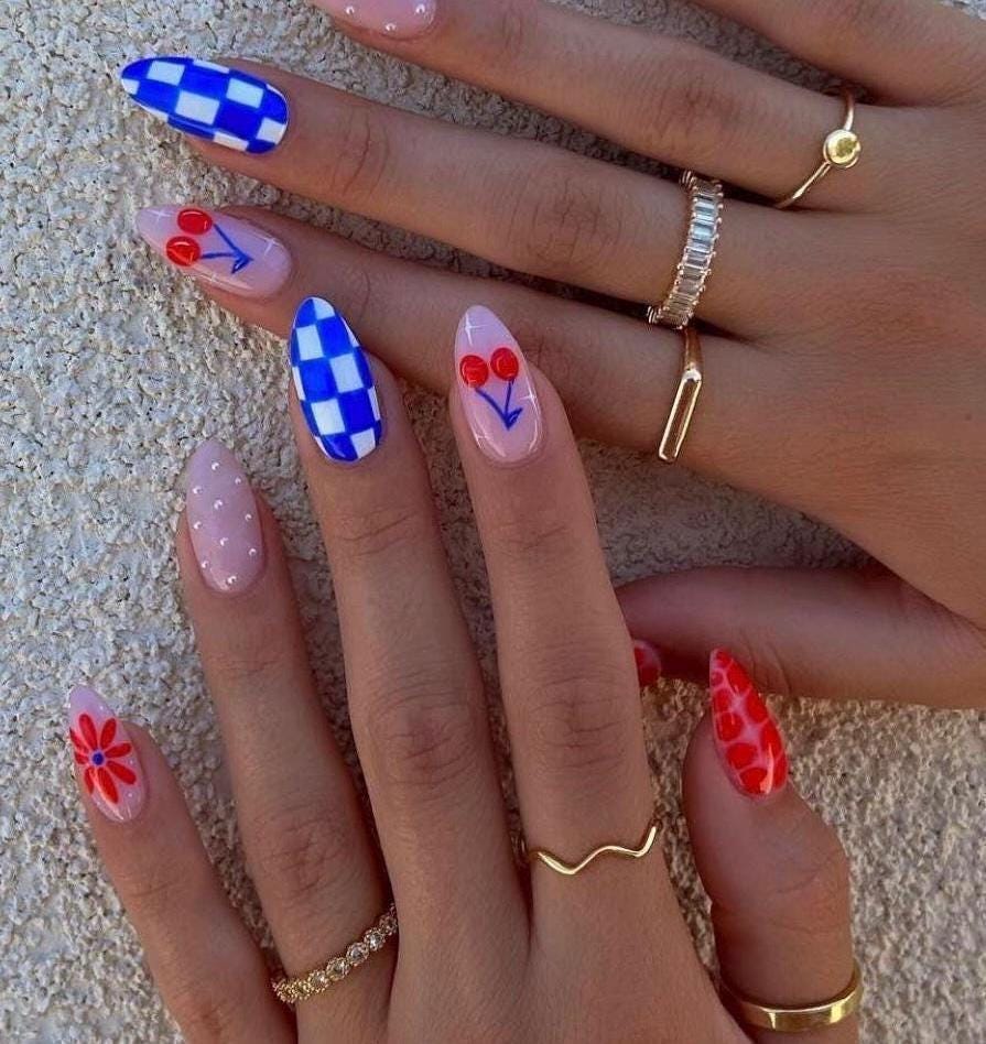 Handmade Press On Nails: Reusable, Glue Ons, Acrylic Gel, Almond Round Short, Hand-painted Custom