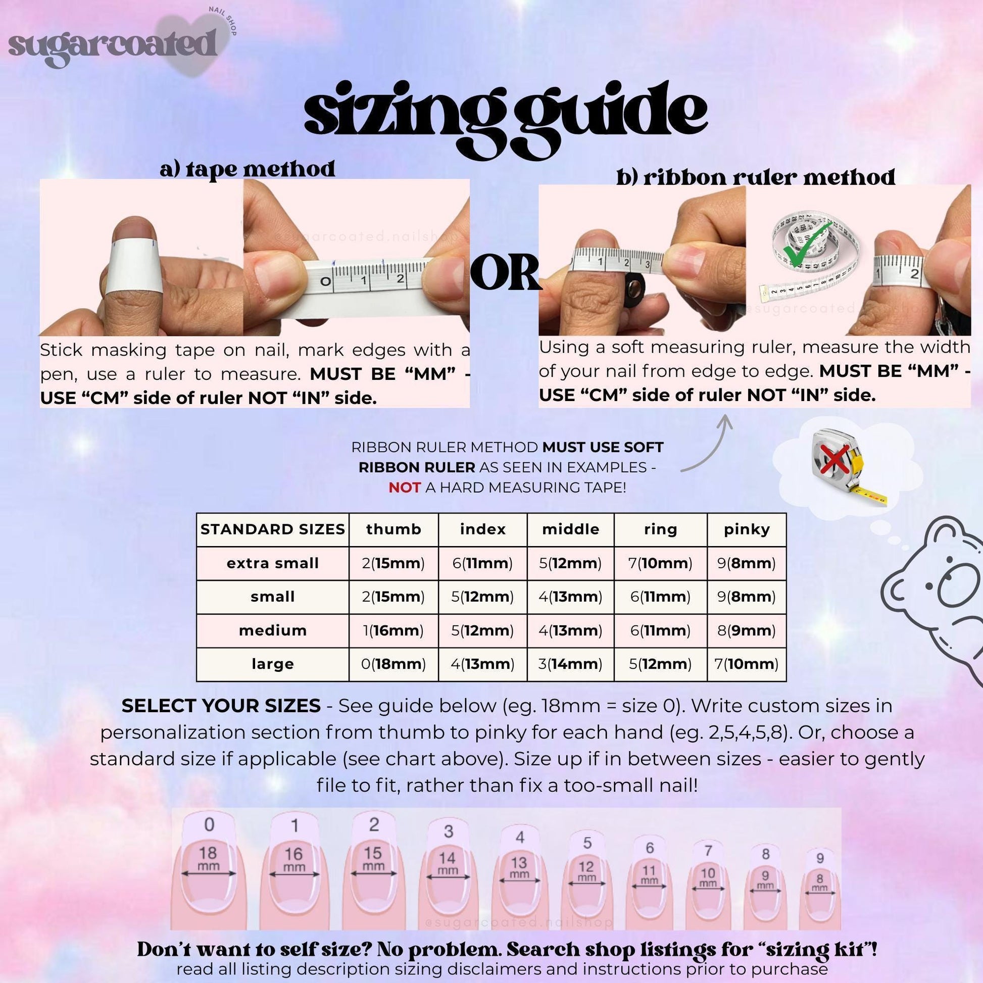 The image is a guide that provides information on how to properly measure and select nail sizes using a tape measure and a ribbon ruler.