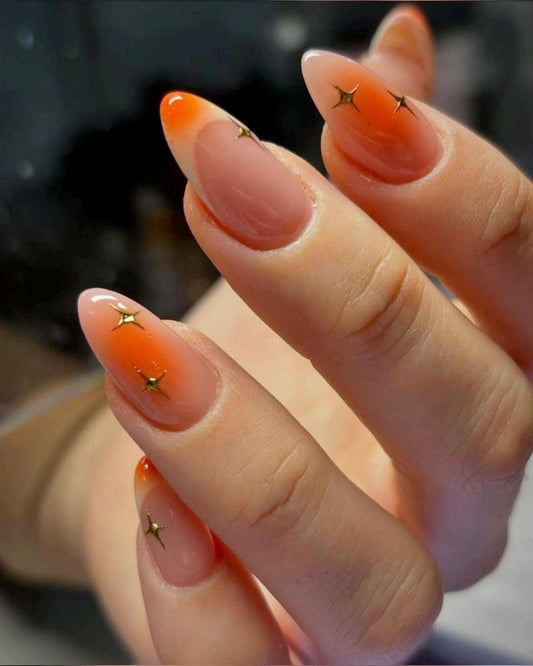 Handmade Press On Nails: Reusable, Gel, Almond Round Short, Handpainted, Orange Gold, Fall Autumn