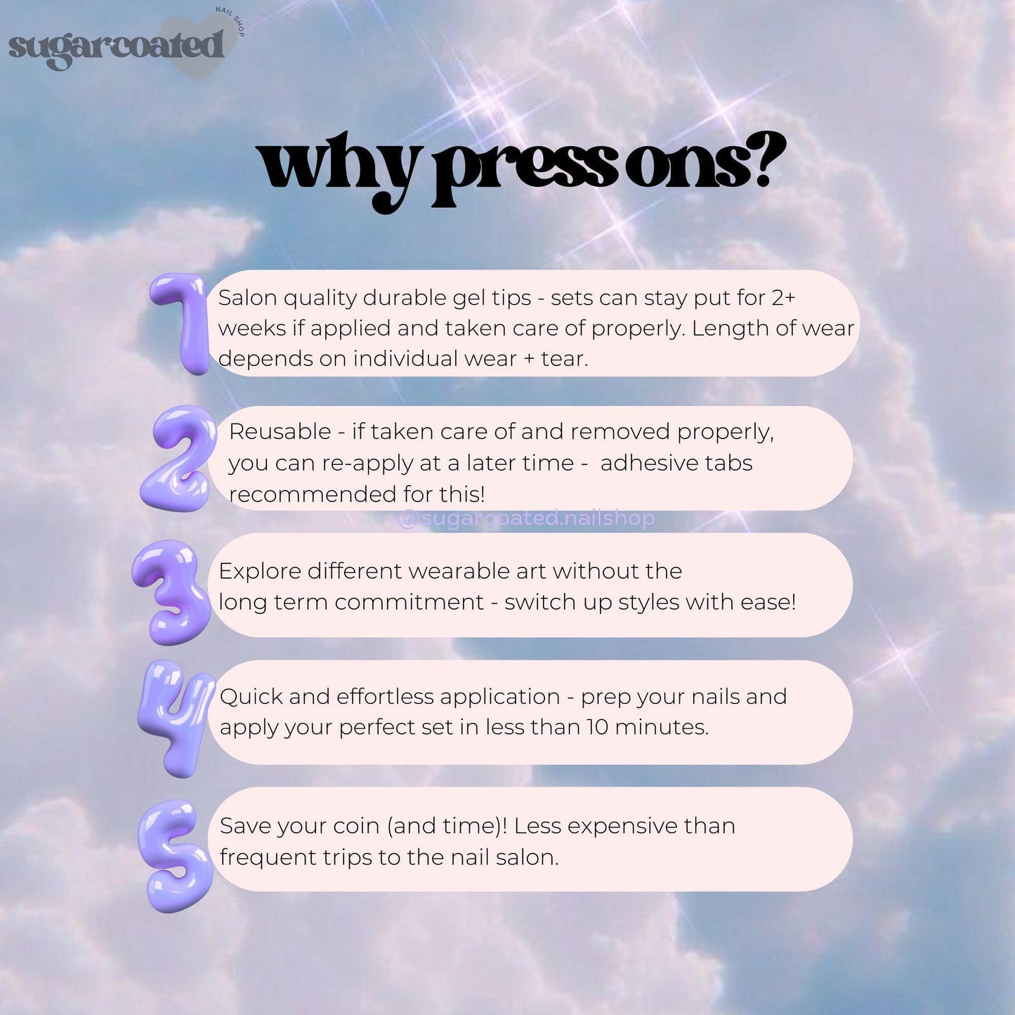 text and numbers, with the text explaining the benefits of using salon quality durable gel tips and the numbers indicating steps or recommendations for using these tips.