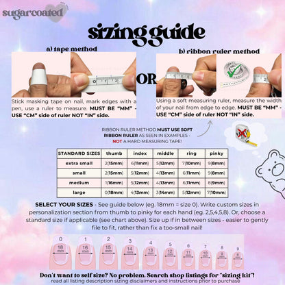 The image is a guide that provides information on how to properly measure and select nail sizes using a tape measure and a ribbon ruler.