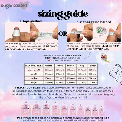 The image is a guide that provides information on how to properly measure and select nail sizes using a tape measure and a ribbon ruler.