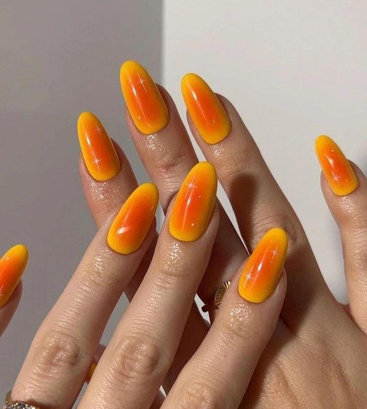 Handmade Press On Nails: Reusable, Gel, Almond Round Short, Handpainted, Orange Gold, Fall Autumn