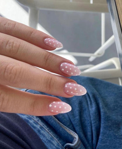 Handmade Press On Nails: Reusable, Gel, Almond Round Short, Handpainted, Polka Dots