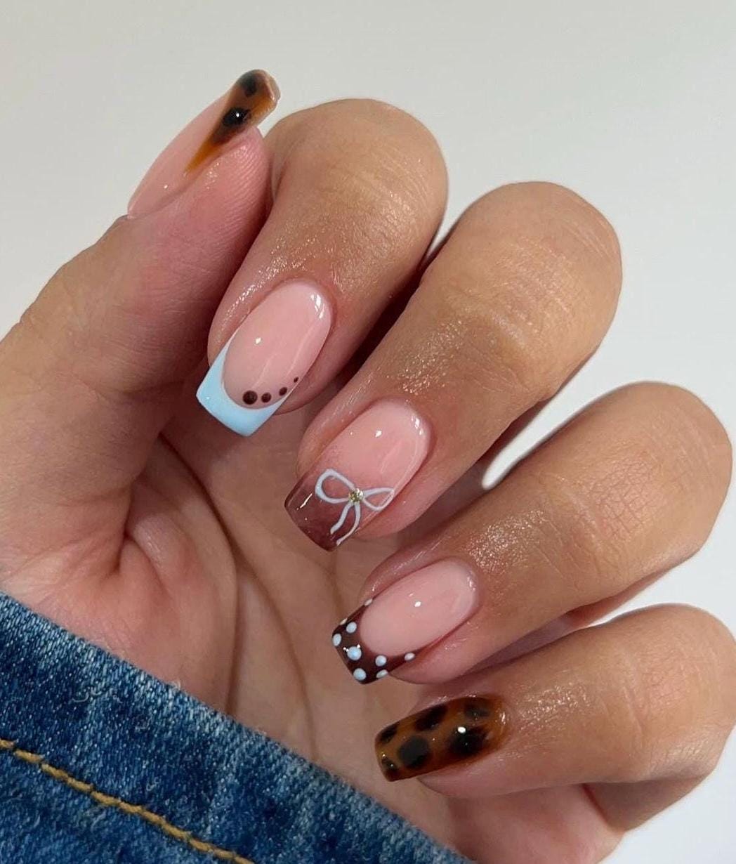 Handmade Press On Nails: Reusable, Gel, Almond Round Short, Handpainted, Polka Dots