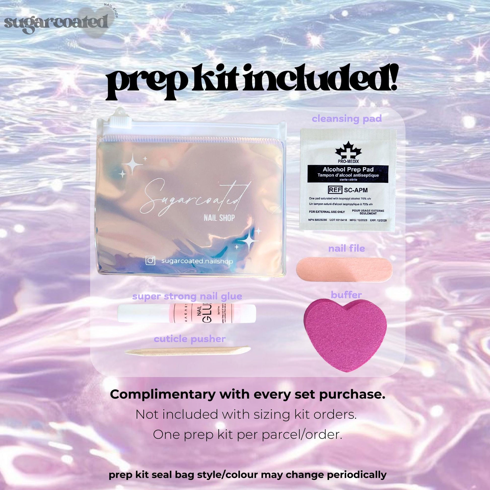 The image is a promotional advertisement for a nail kit, featuring various beauty products such as a prep kit, nail file, and other nail care items.