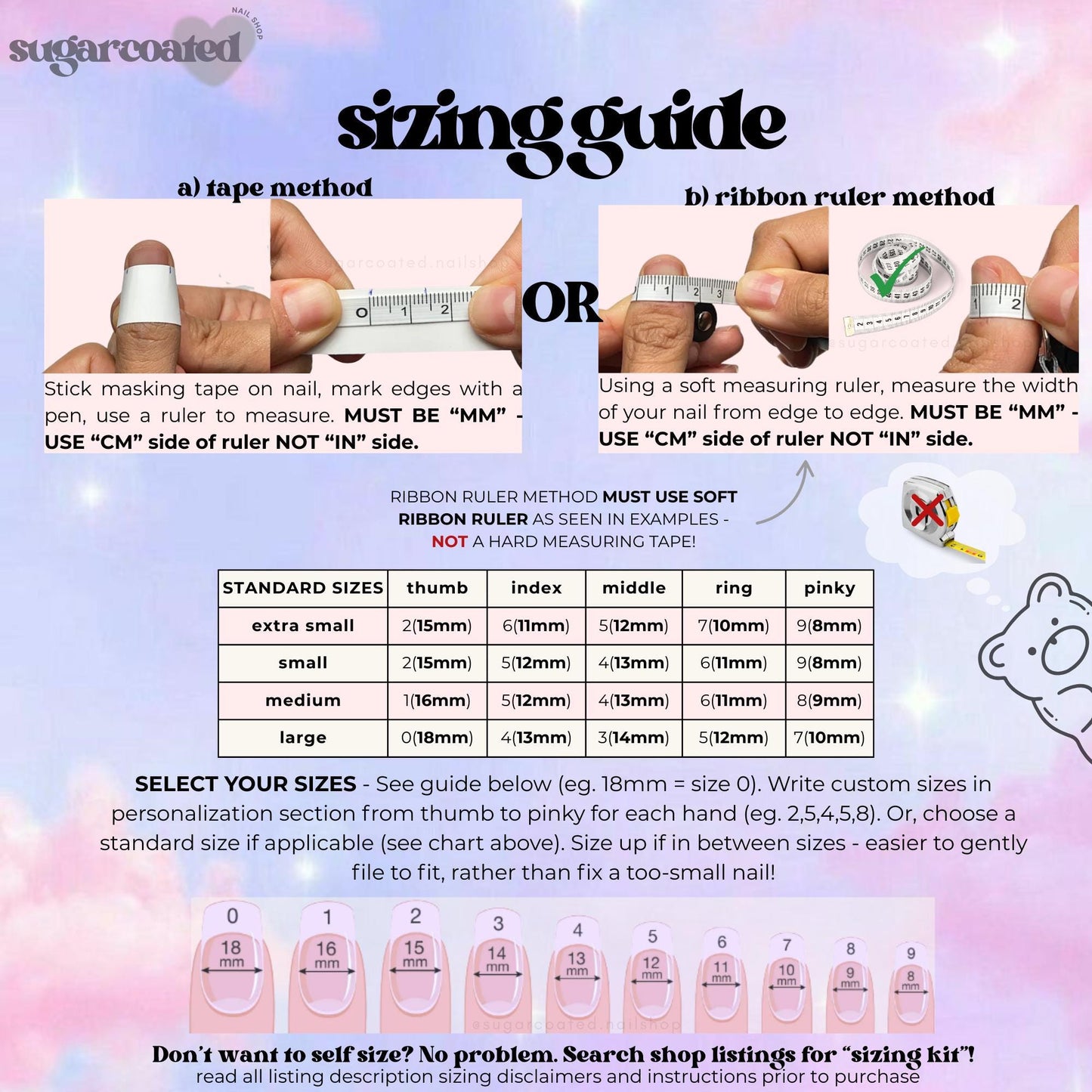 The image is a guide that provides information on how to properly measure and select nail sizes using a tape measure and a ribbon ruler.