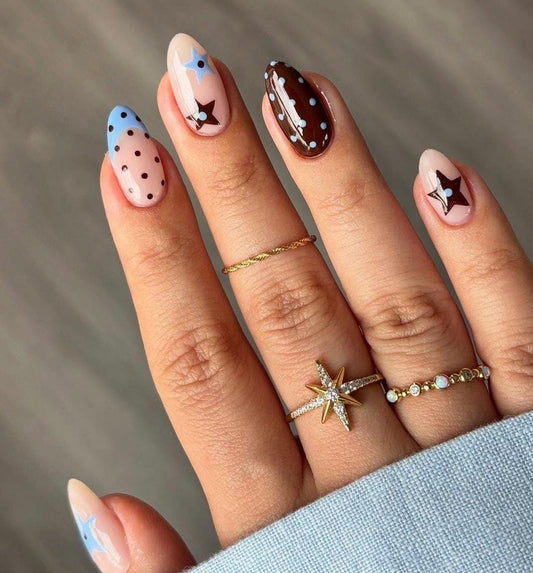 Handmade Press On Nails: Reusable, Gel, Almond Round Short, Handpainted, Polka Dots