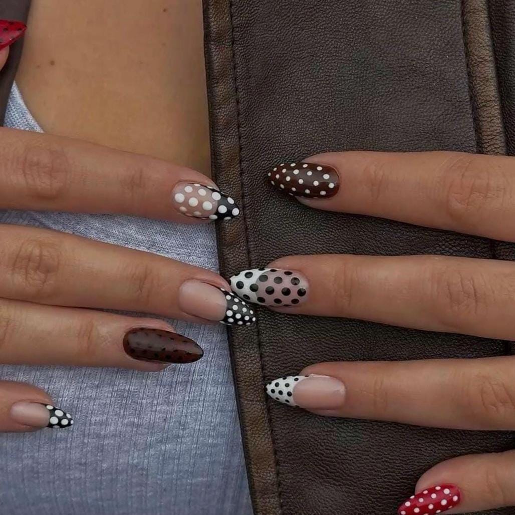 Handmade Press On Nails: Reusable, Gel, Almond Round Short, Handpainted, Polka Dots