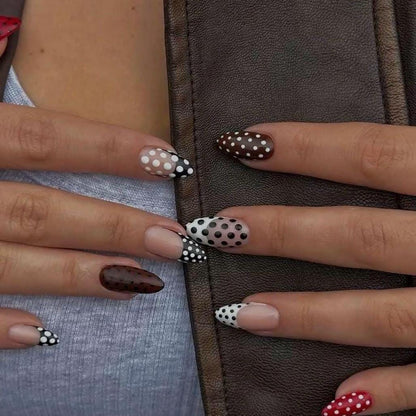 Handmade Press On Nails: Reusable, Gel, Almond Round Short, Handpainted, Polka Dots