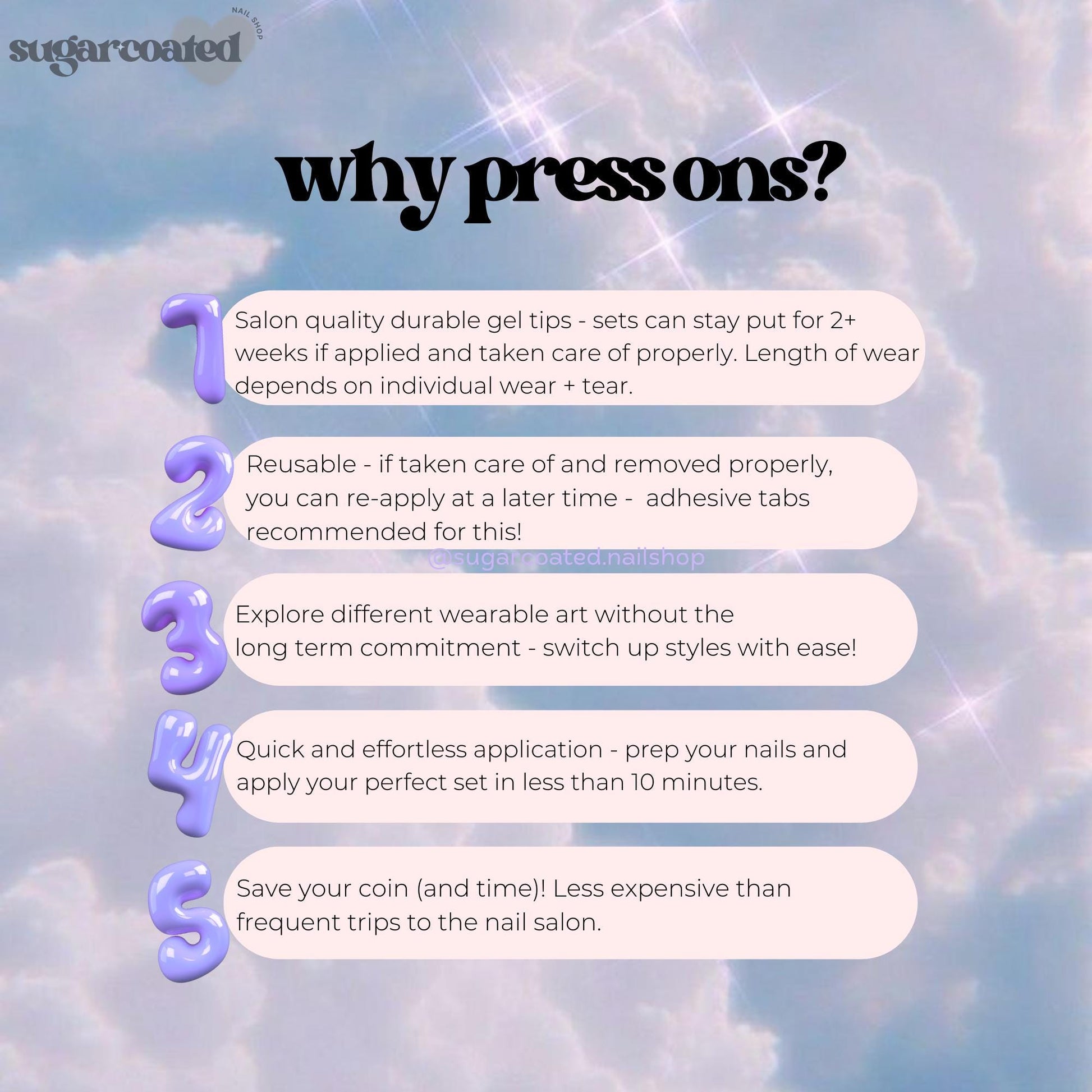 text and numbers, with the text explaining the benefits of using salon quality durable gel tips and the numbers indicating steps or recommendations for using these tips.