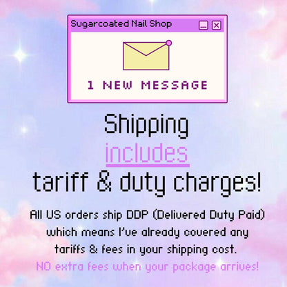 The image is a digital advertisement for a nail shop, featuring a message window with a new message and shipping information.