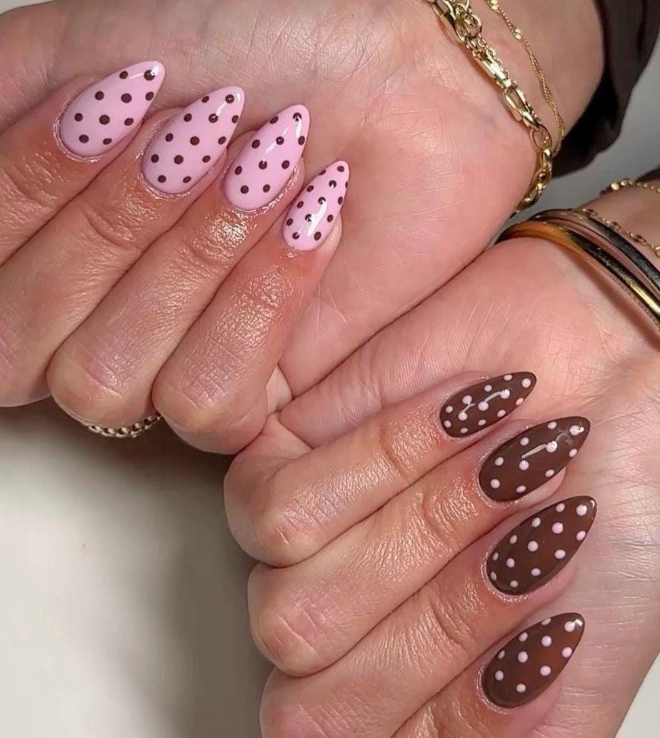 Handmade Press On Nails: Reusable, Gel, Almond Round Short, Handpainted, Polka Dots