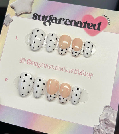 Handmade Press On Nails: Reusable, Gel, Almond Round Short, Handpainted, Polka Dots