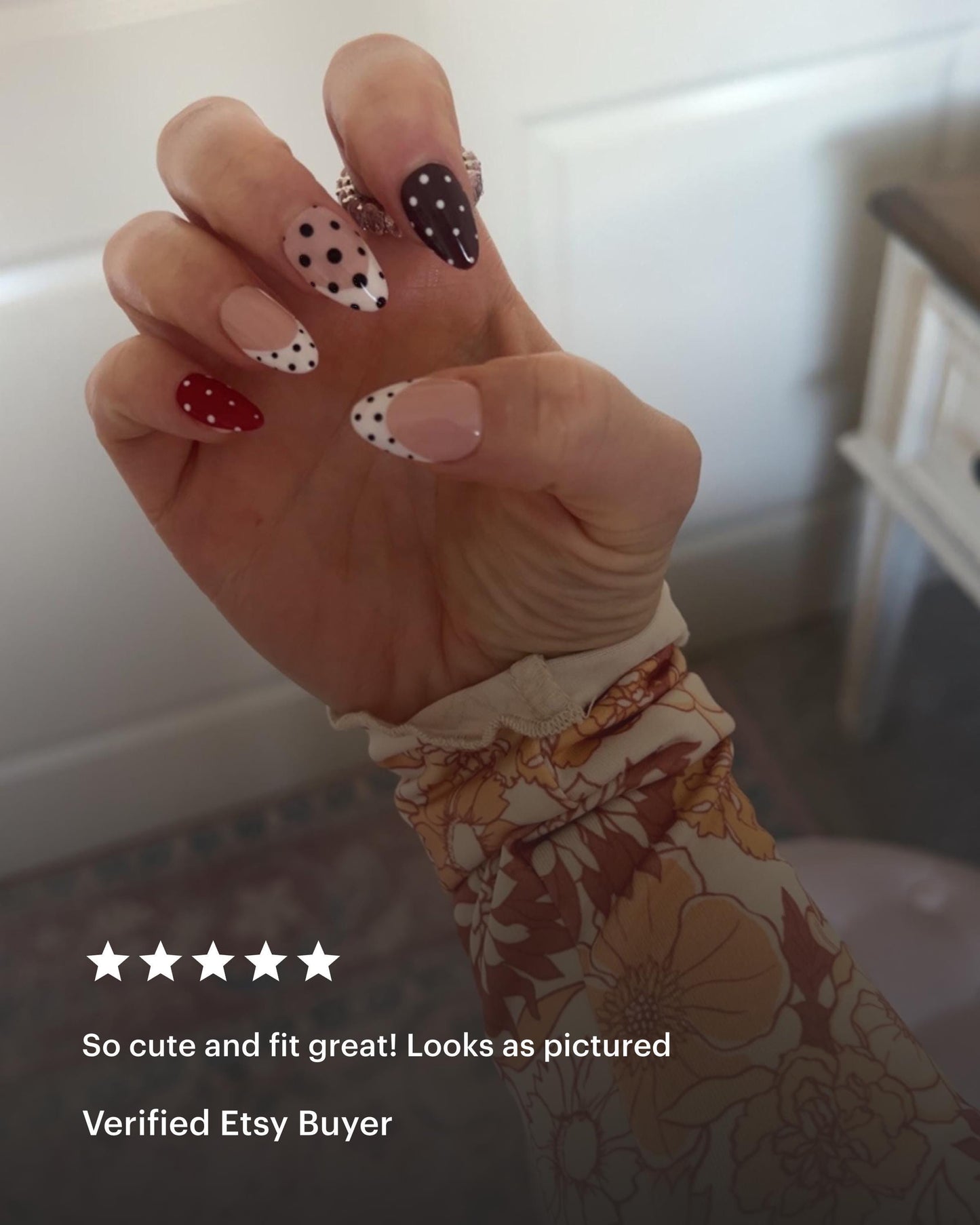 Handmade Press On Nails: Reusable, Gel, Almond Round Short, Handpainted, Polka Dots