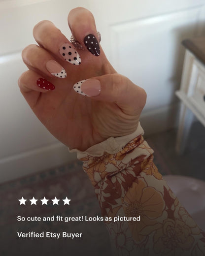 Handmade Press On Nails: Reusable, Gel, Almond Round Short, Handpainted, Polka Dots