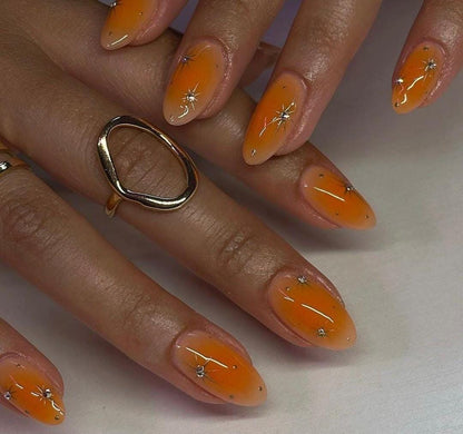 Handmade Press On Nails: Reusable, Gel, Almond Round Short, Handpainted, Orange Gold, Fall Autumn