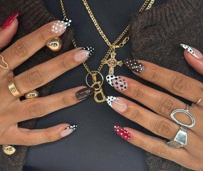 Handmade Press On Nails: Reusable, Gel, Almond Round Short, Handpainted, Polka Dots