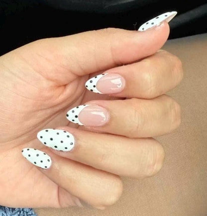 Handmade Press On Nails: Reusable, Gel, Almond Round Short, Handpainted, Polka Dots