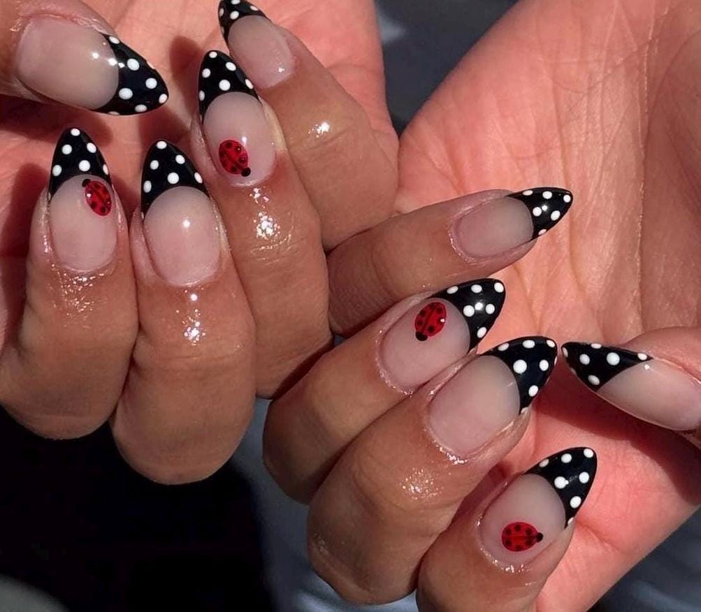 Handmade Press On Nails: Reusable, Gel, Almond Round Short, Handpainted, Polka Dots