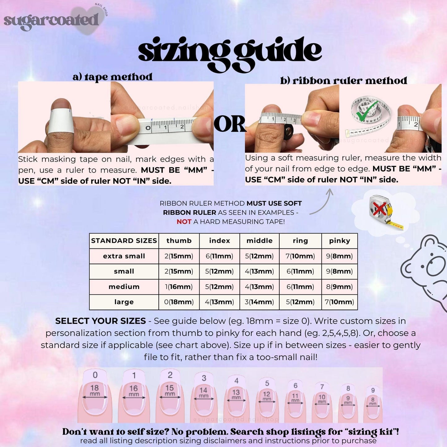 The image is a guide that provides information on how to properly measure and select nail sizes using a tape measure and a ribbon ruler.