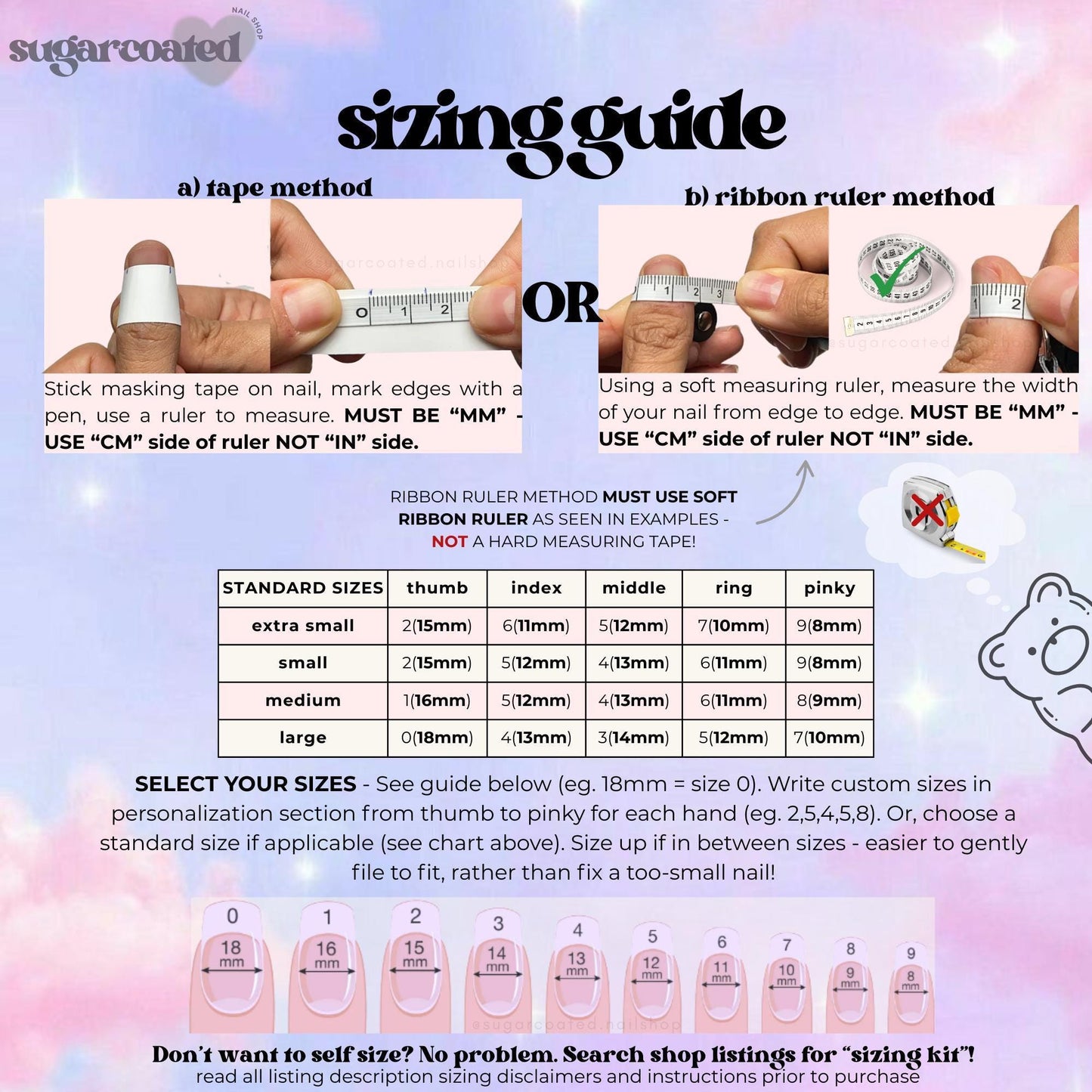 The image is a guide that provides information on how to properly measure and select nail sizes using a tape measure and a ribbon ruler.