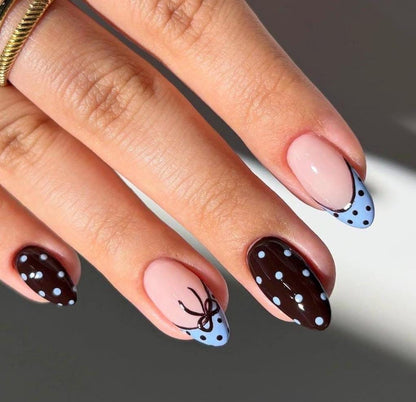 Handmade Press On Nails: Reusable, Gel, Almond Round Short, Handpainted, Polka Dots